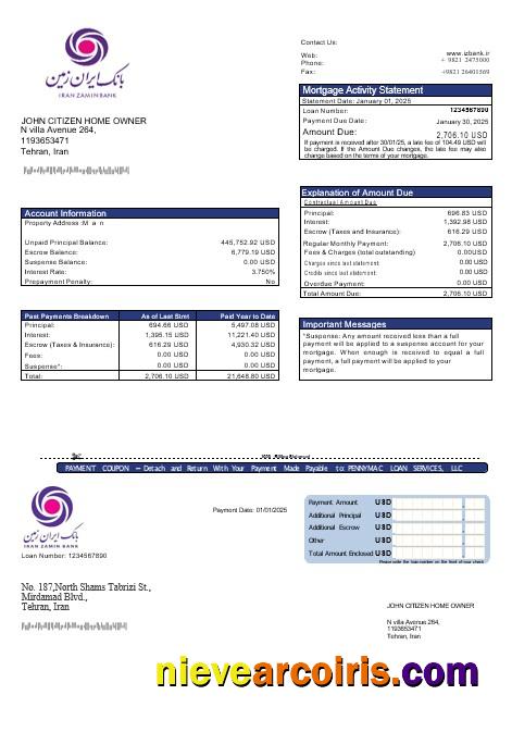 Iran Zamin bank mortgage statement